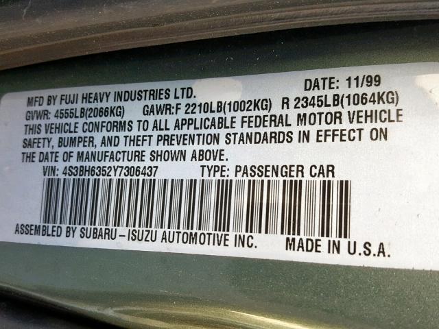 4S3BH6352Y7306437 - 2000 SUBARU LEGACY L GREEN photo 10