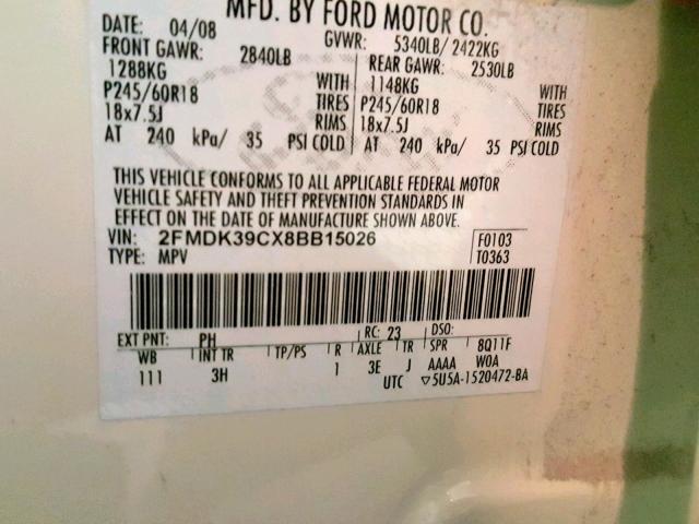 2FMDK39CX8BB15026 - 2008 FORD EDGE LIMIT WHITE photo 10