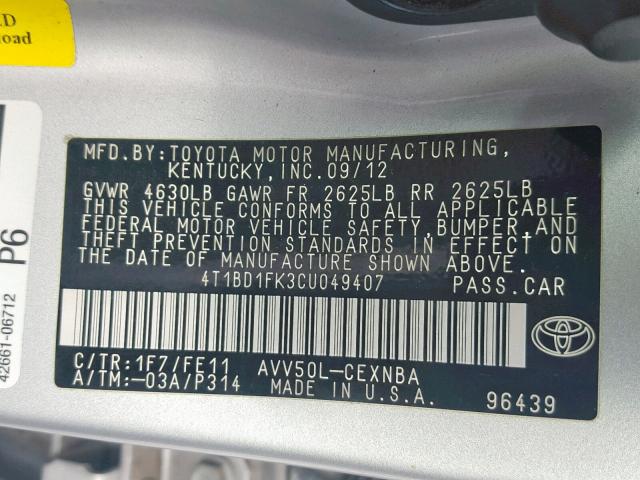 4T1BD1FK3CU049407 - 2012 TOYOTA CAMRY HYBR SILVER photo 10