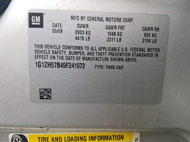 1G1ZH57B49F241972 - 2009 CHEVROLET MALIBU 1LT SILVER photo 10