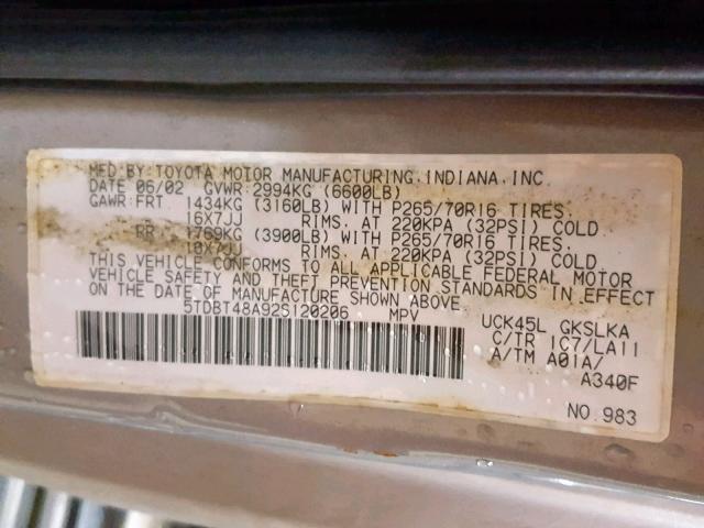 5TDBT48A92S120206 - 2002 TOYOTA SEQUOIA LI GRAY photo 10