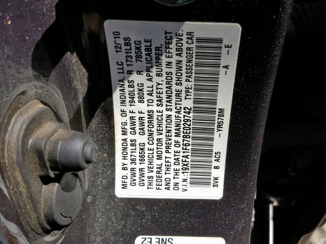 19XFA1F67BE029742 - 2011 HONDA CIVIC LX-S Մոխրագույն լուսանկար 10