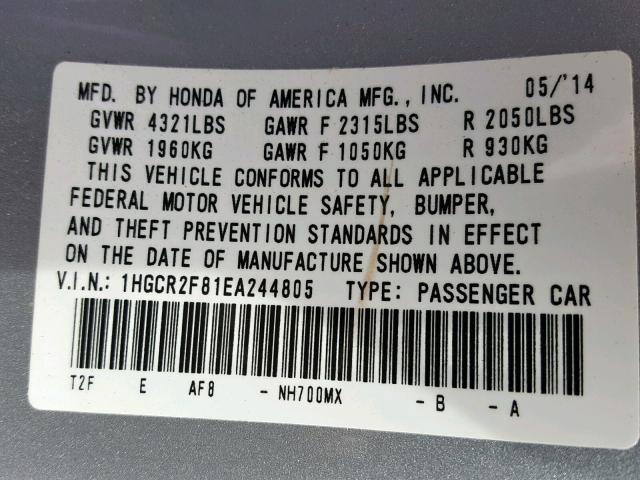 1HGCR2F81EA244805 - 2014 HONDA ACCORD EXL SILVER photo 10