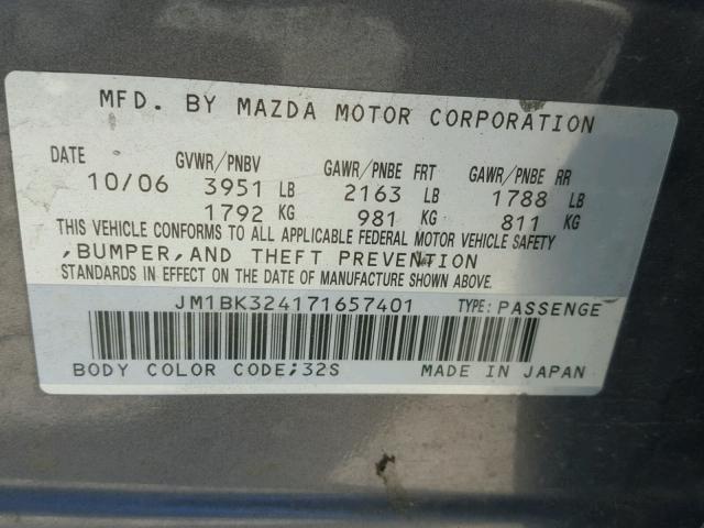 JM1BK324171657401 - 2007 MAZDA 3 S GRAY photo 10