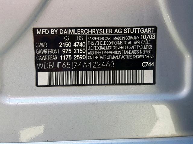 WDBUF65J74A422463 - 2004 MERCEDES-BENZ E 320 SILVER photo 10