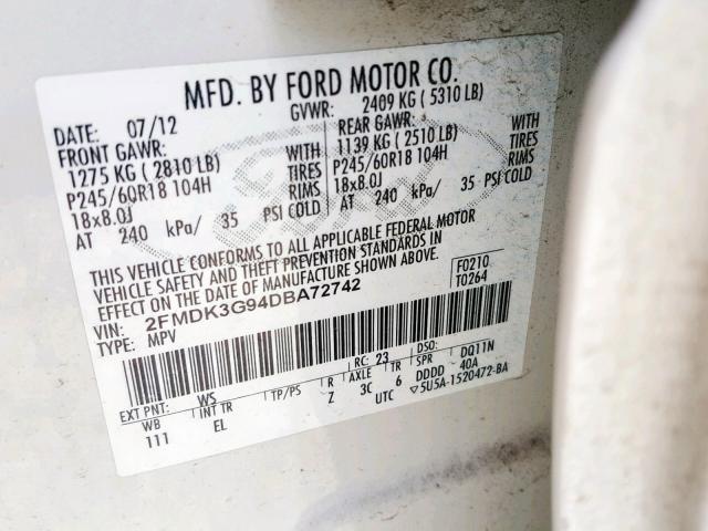 2FMDK3G94DBA72742 - 2013 FORD EDGE SE WHITE photo 10