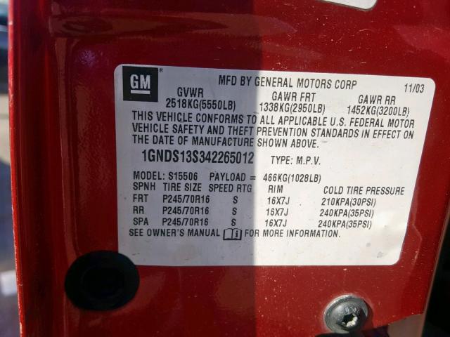 1GNDS13S342265012 - 2004 CHEVROLET TRAIL BLAZ RED photo 10