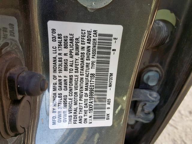 19XFA16999E017158 - 2009 HONDA CIVIC EXL 石墨色 照片 10