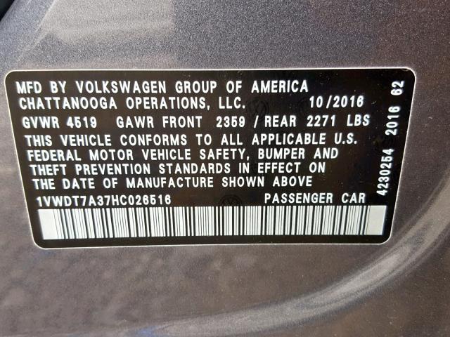 1VWDT7A37HC026516 - 2017 VOLKSWAGEN PASSAT R-L GRAY photo 10