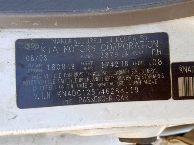 KNADC125546288119 - 2004 KIA RIO WHITE photo 10