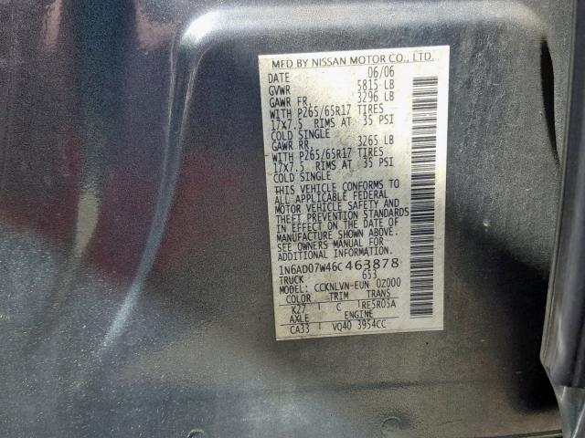 1N6AD07W46C463878 - 2006 NISSAN FRONTIER C GRAY photo 10