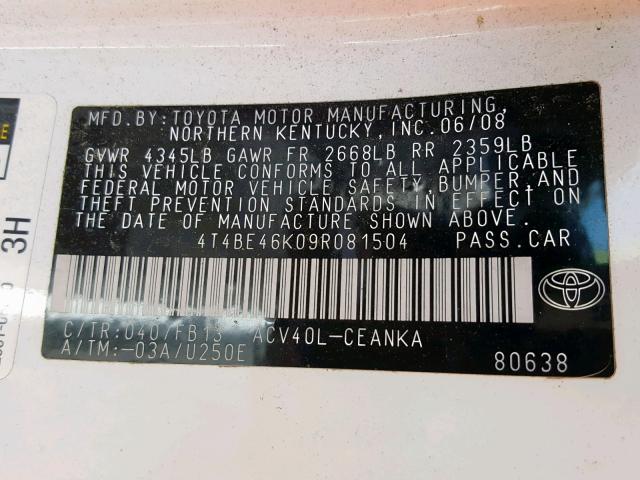 4T4BE46K09R081504 - 2009 TOYOTA CAMRY BASE WHITE photo 10