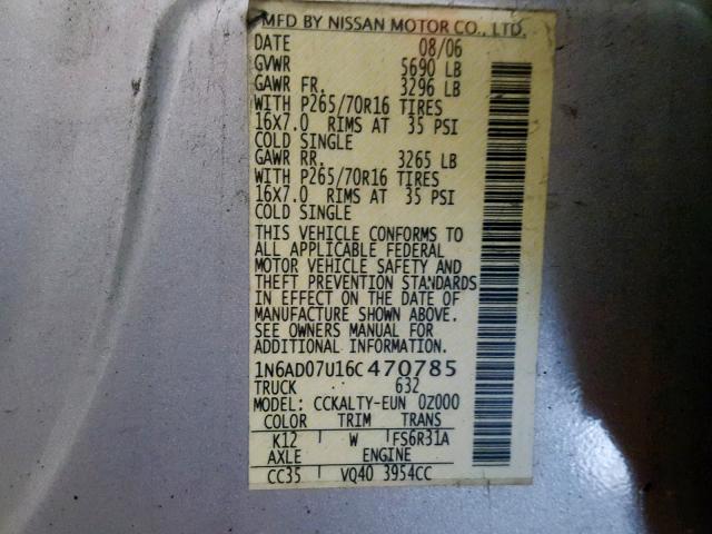 1N6AD07U16C470785 - 2006 NISSAN FRONTIER C GRAY photo 10