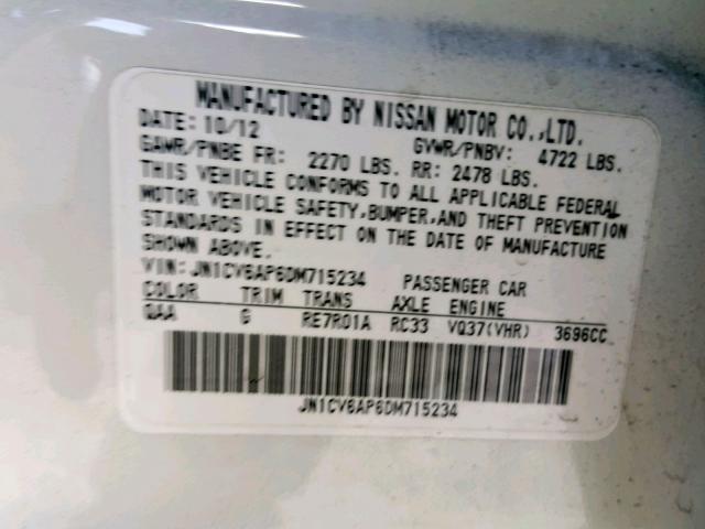 JN1CV6AP6DM715234 - 2013 INFINITI G37 BASE WHITE photo 10