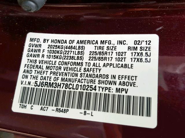 5J6RM3H78CL010254 - 2012 HONDA CR-V EXL MAROON photo 10