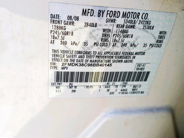 2FMDK38C98BB40145 - 2008 FORD EDGE SEL WHITE photo 10