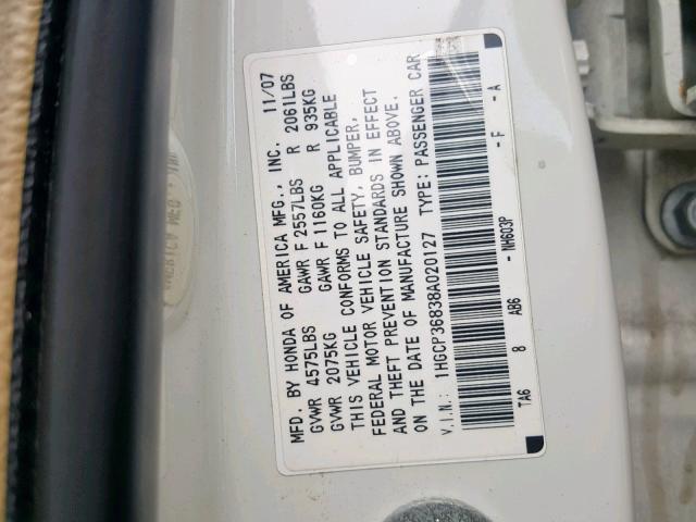 1HGCP36838A020127 - 2008 HONDA ACCORD EXL WHITE photo 10