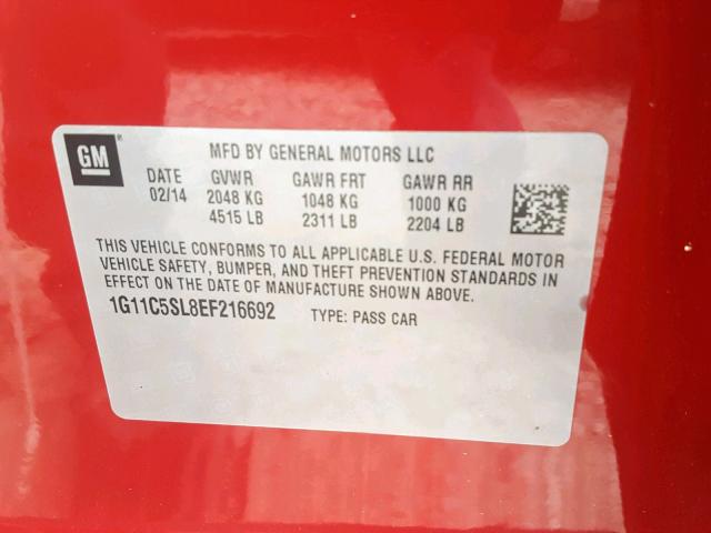 1G11C5SL8EF216692 - 2014 CHEVROLET MALIBU 1LT 红色 照片 10