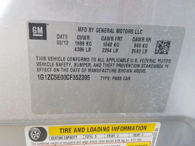 1G1ZC5E00CF352395 - 2012 CHEVROLET MALIBU 1LT 银色 照片 10