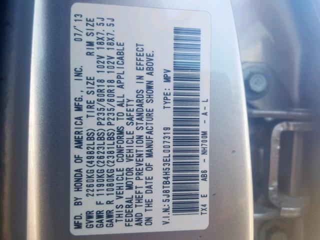 5J8TB4H53EL007319 - 2014 ACURA RDX TECHNO SILVER photo 10