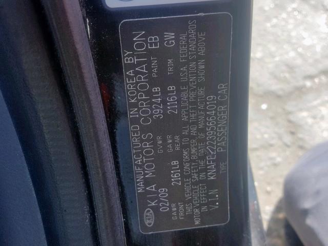 KNAFE222395664019 - 2009 KIA SPECTRA EX BLACK photo 10