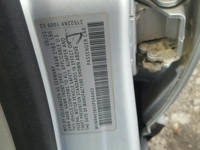 WVWRH63B43P044403 - 2003 VOLKSWAGEN PASSAT GLX SILVER photo 10