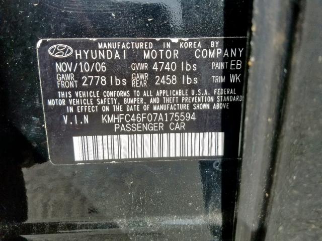 KMHFC46F07A175594 - 2007 HYUNDAI AZERA SE BLACK photo 10