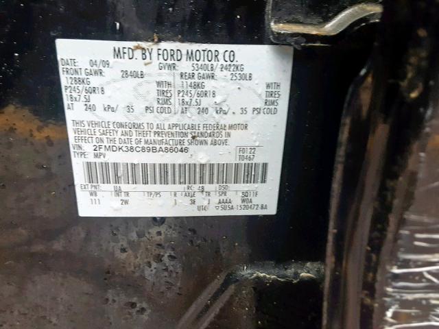 2FMDK38C89BA86046 - 2009 FORD EDGE SEL BLACK photo 10