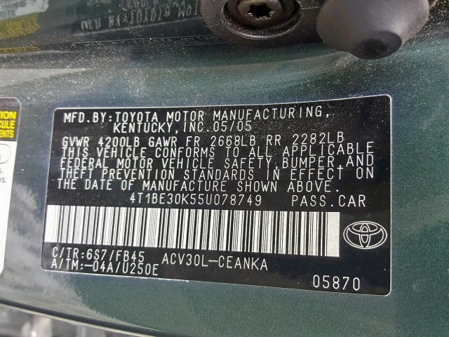 4T1BE30K55U078749 - 2005 TOYOTA CAMRY LE Сұр фото 10