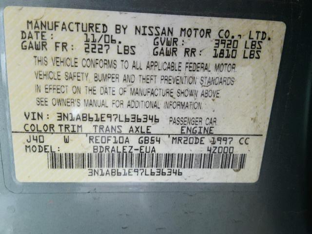 3N1AB61E97L636346 - 2007 NISSAN SENTRA 2.0 GREEN photo 10