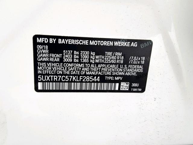 5UXTR7C57KLF28544 - 2019 BMW X3 SDRIVE3 WHITE photo 10