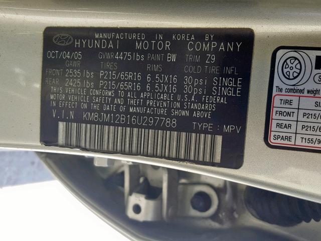 KM8JM12B16U297788 - 2006 HYUNDAI TUCSON GL GOLD photo 10