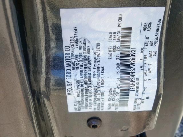 1FAHP34N37W260931 - 2007 FORD FOCUS ZX4 GRAY photo 10