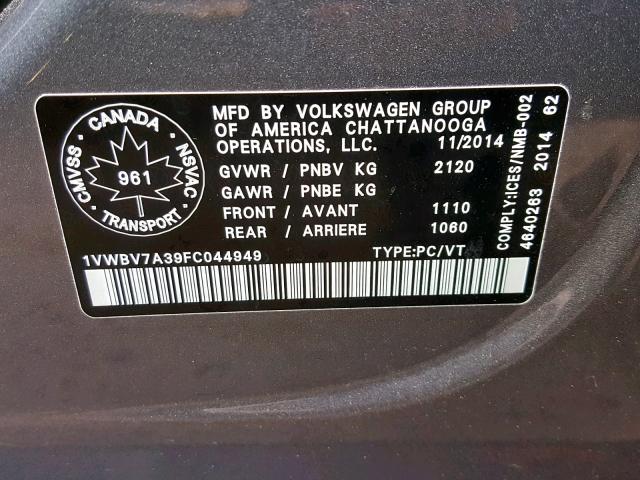 1VWBV7A39FC044949 - 2015 VOLKSWAGEN PASSAT SE GRAY photo 10