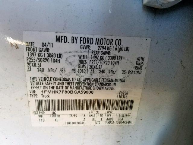 1FMHK7F80BGA59008 - 2011 FORD EXPLORER L WHITE photo 10