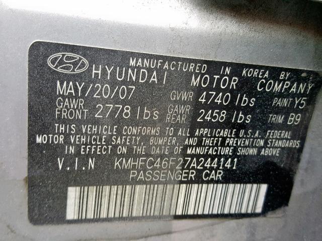 KMHFC46F27A244141 - 2007 HYUNDAI AZERA SE SILVER photo 10