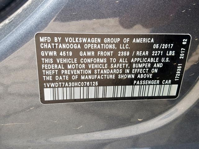 1VWDT7A30HC076125 - 2017 VOLKSWAGEN PASSAT R-L 灰色 照片 10