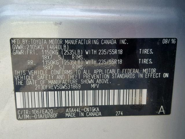 2T3DFREV5GW531869 - 2016 TOYOTA RAV4 LIMIT SILVER photo 10