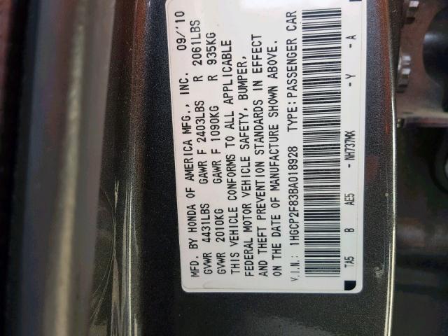 1HGCP2F83BA018928 - 2011 HONDA ACCORD EXL CHARCOAL photo 10