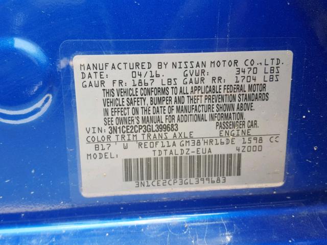 3N1CE2CP3GL399683 - 2016 NISSAN VERSA NOTE BLUE photo 10