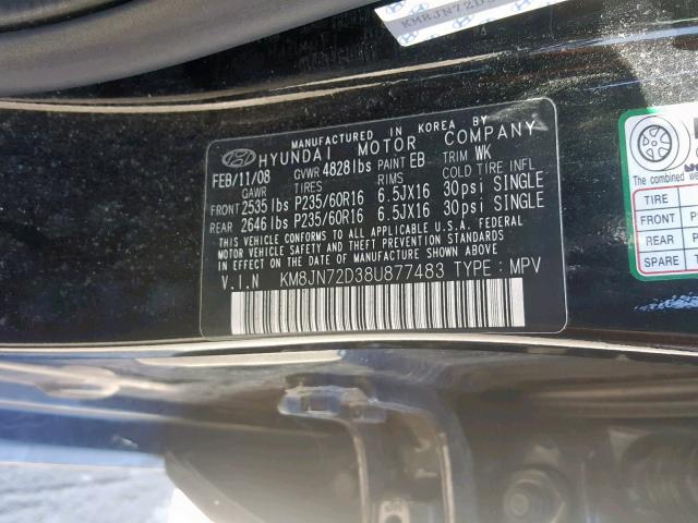 KM8JN72D38U877483 - 2008 HYUNDAI TUCSON SE BLACK photo 10