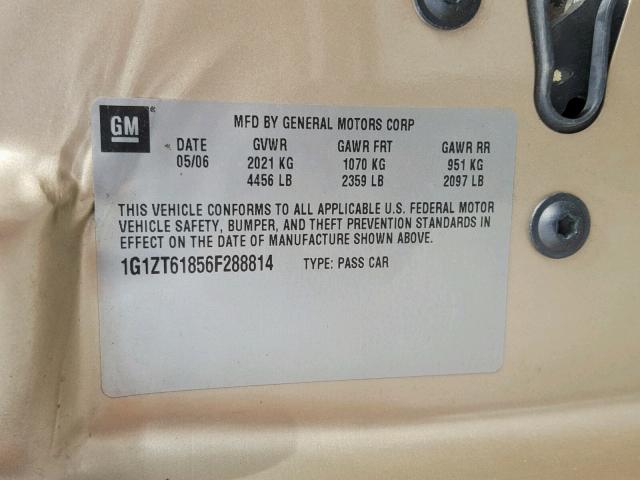 1G1ZT61856F288814 - 2006 CHEVROLET MALIBU MAX ოქროსფერი ფოტო 10