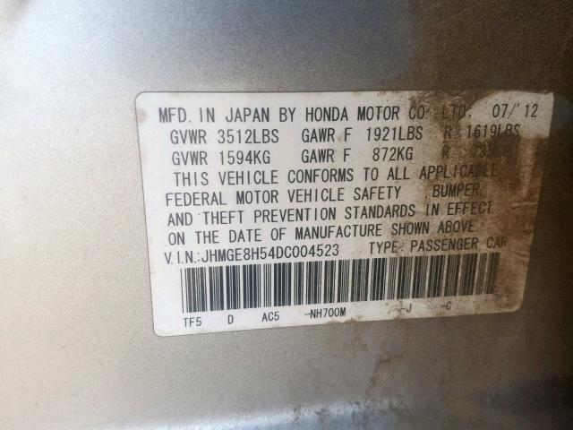 JHMGE8H54DC004523 - 2013 HONDA FIT SPORT SILVER photo 10