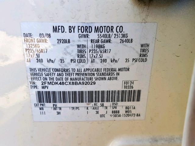 2FMDK48CX8BA92029 - 2008 FORD EDGE SEL TAN photo 10