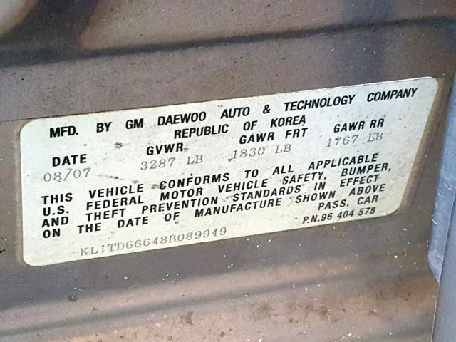 KL1TD66648B089949 - 2008 CHEVROLET AVEO BASE ნაცრისფერი ფოტო 10