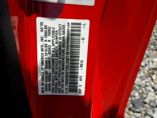 1HGEM22125L056718 - 2005 HONDA CIVIC DX V RED photo 10