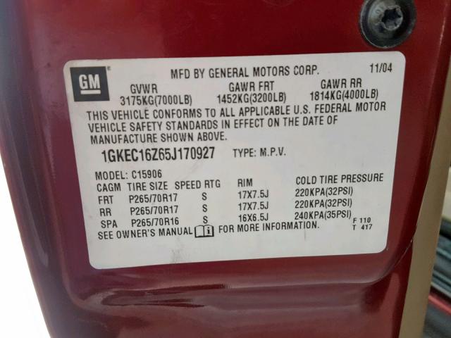 1GKEC16Z65J170927 - 2005 GMC YUKON XL C MAROON photo 10