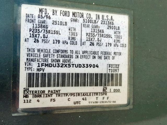 1FMDU32X5TUD33904 - 1996 FORD EXPLORER GREEN photo 10