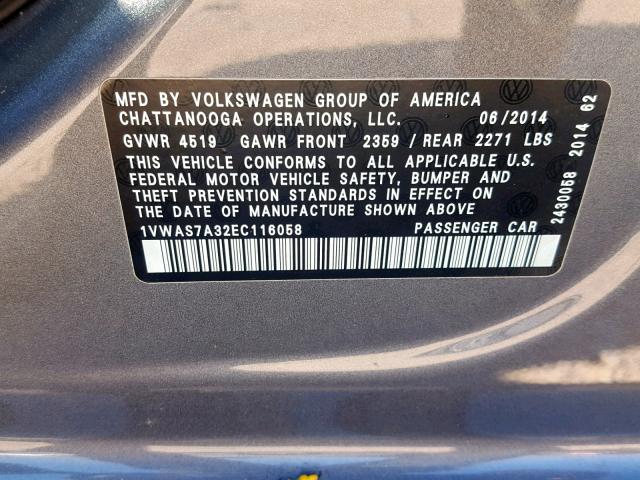 1VWAS7A32EC116058 - 2014 VOLKSWAGEN PASSAT S GRAY photo 10