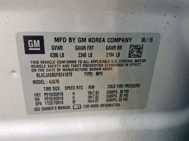 KL4CJASB5FB241879 - 2015 BUICK ENCORE SILVER photo 10